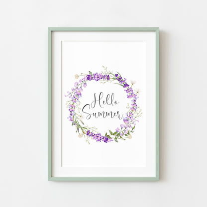 Hello Summer print floral lavender watercolour wreath unframed wall art poster print