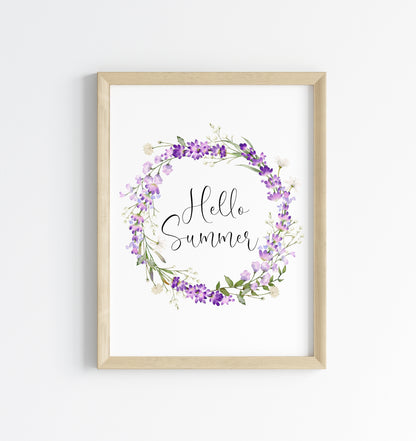 Hello Summer print floral lavender watercolour wreath unframed wall art poster print