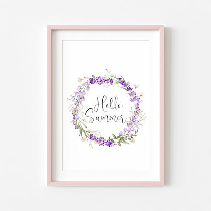 Hello Summer print floral lavender watercolour wreath unframed wall art poster print