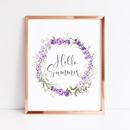 Hello Summer print floral lavender watercolour wreath unframed wall art poster print