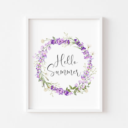 Hello Summer print floral lavender watercolour wreath unframed wall art poster print