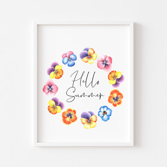 Summer prints Hello summer floral pansies watercolour seasonal home bedroom unframed wall art poster print summer accessories summer flowers