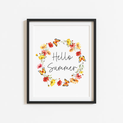 Summer print Hello summer red yellow wildflower watercolour wreath unframed wall art poster print