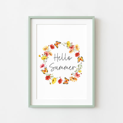 Summer print Hello summer red yellow wildflower watercolour wreath unframed wall art poster print