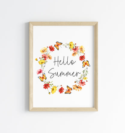 Summer print Hello summer red yellow wildflower watercolour wreath unframed wall art poster print