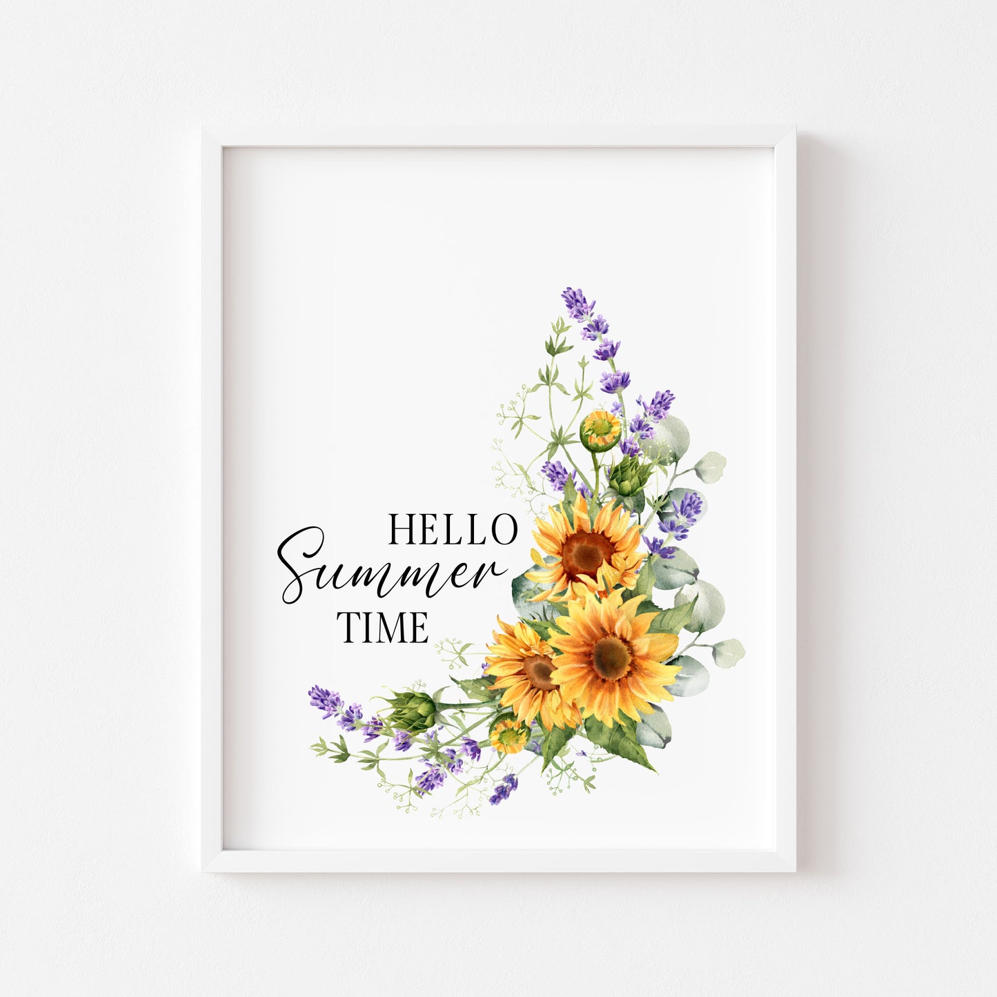 Sunflower Lavender Wreath Print Hello Summer time Wall Art (unframed)