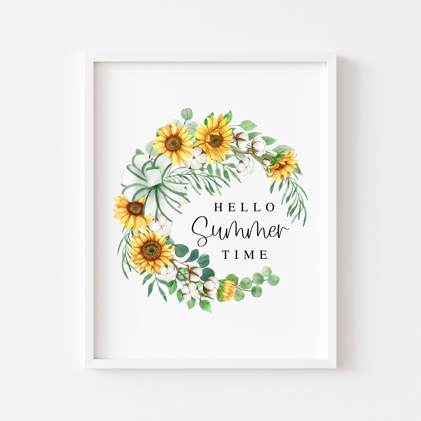 Summer Sunflower & Cotton Wreath Print seasonal Home Decor (unframed)