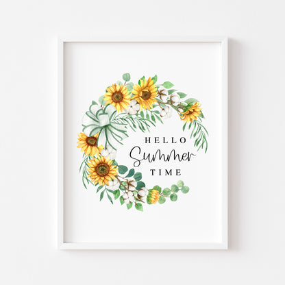 Summer Sunflower & Cotton Wreath Print seasonal Home Decor (unframed)