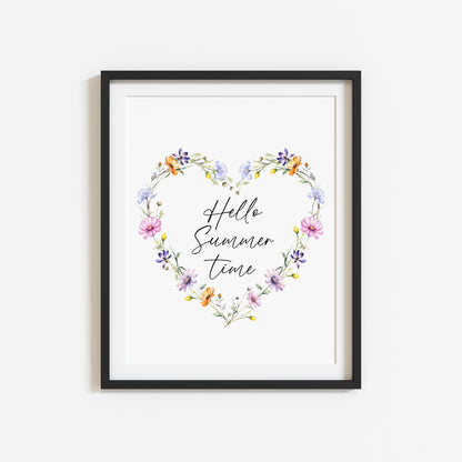 Hello Summer time floral wildflower heart wreath seasonal summer unframed wall art poster print