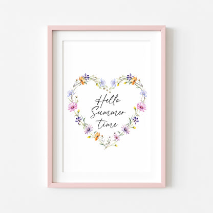 Hello Summer time floral wildflower heart wreath seasonal summer unframed wall art poster print
