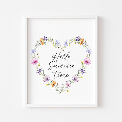 Hello Summer time floral wildflower heart wreath seasonal summer unframed wall art poster print