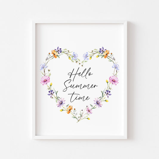 Hello Summer time floral wildflower heart wreath seasonal summer unframed wall art poster print