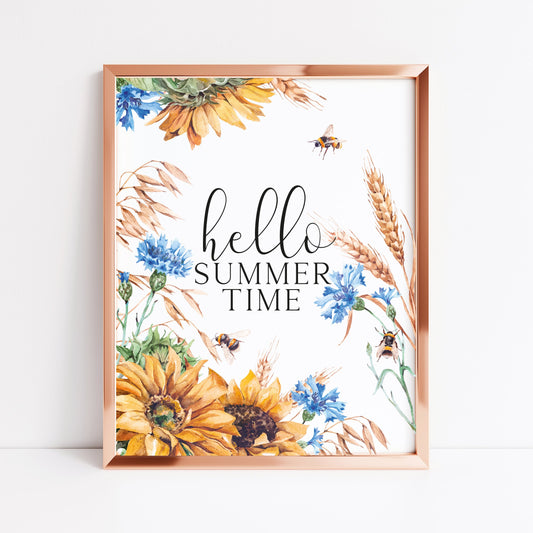 Summer print, Hello Summer Sunflowers pampas & bees floral borderless unframed wall art poster print