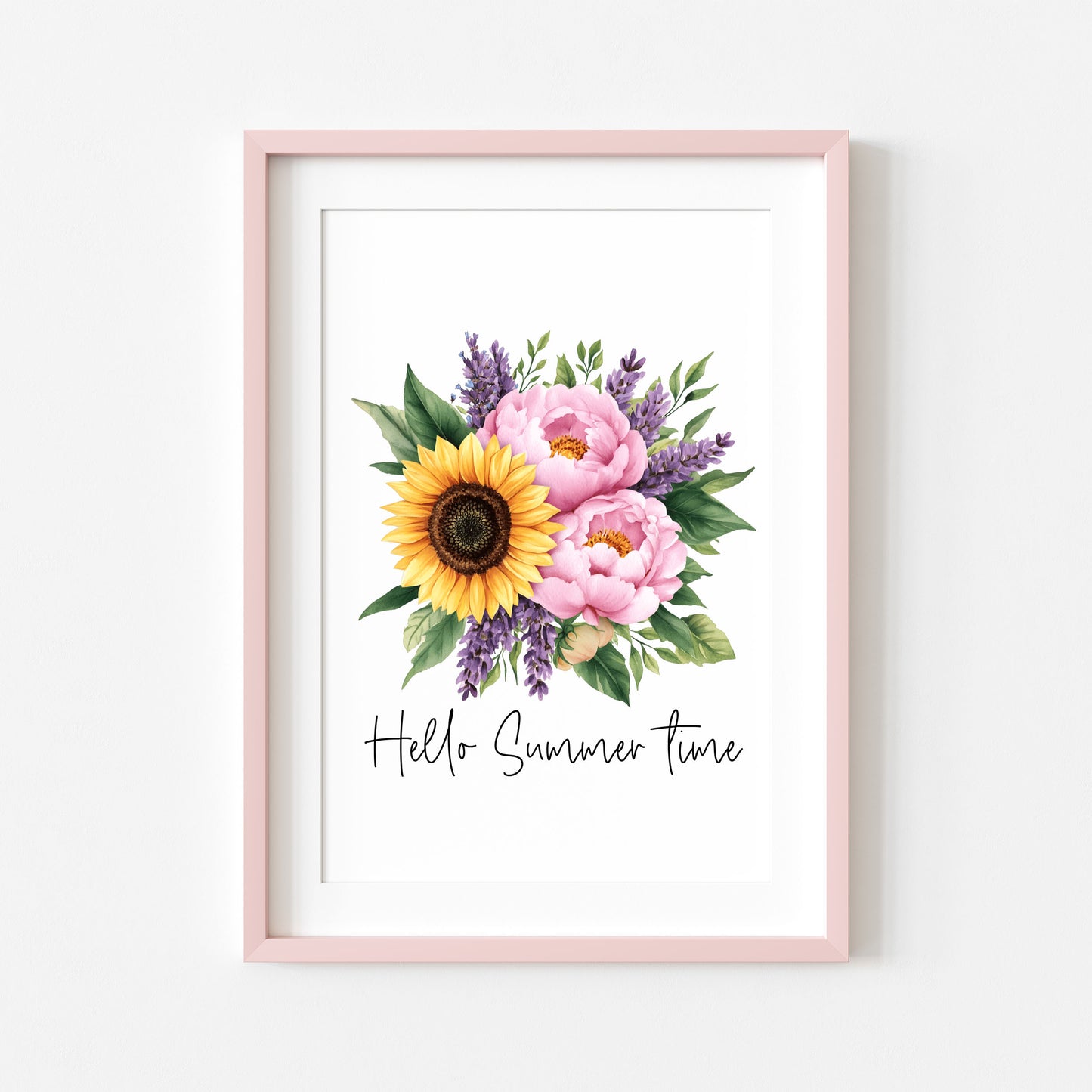Sunflower Peony Print, Hello Summer Time Watercolour seasonal home Wall Art (unframed)