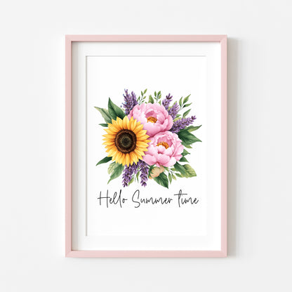 Sunflower Peony Print, Hello Summer Time Watercolour seasonal home Wall Art (unframed)