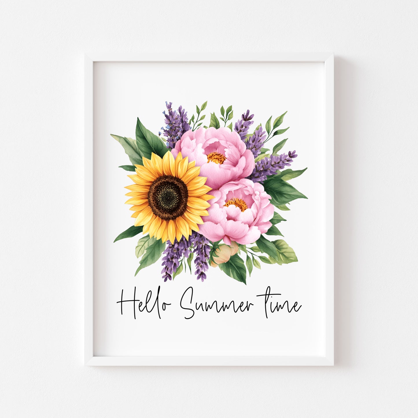 Sunflower Peony Print, Hello Summer Time Watercolour seasonal home Wall Art (unframed)