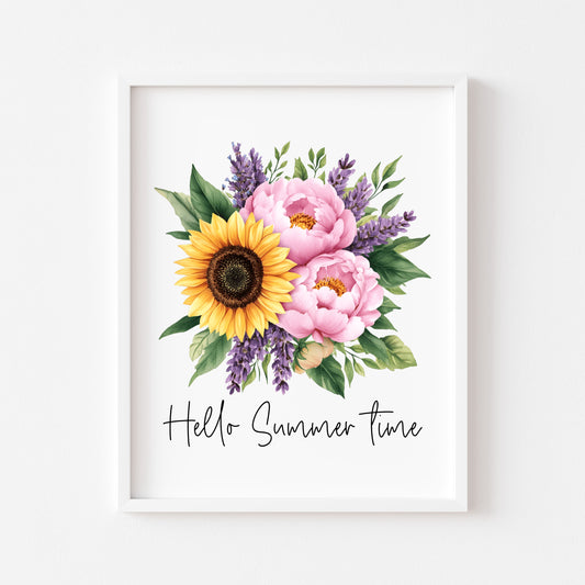 Sunflower Peony Print, Hello Summer Time Watercolour seasonal home Wall Art (unframed)