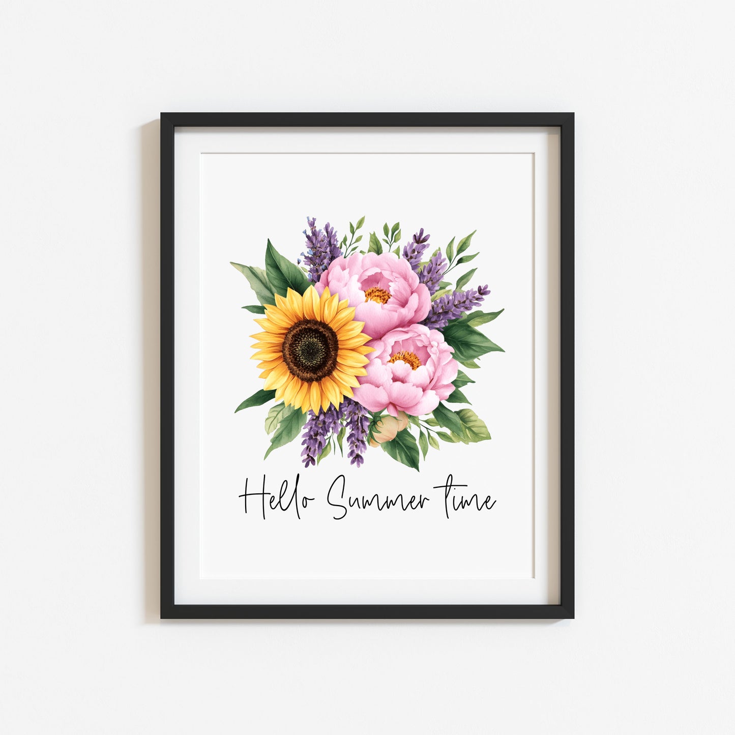 Sunflower Peony Print, Hello Summer Time Watercolour seasonal home Wall Art (unframed)