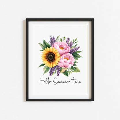 Sunflower Peony Print, Hello Summer Time Watercolour seasonal home Wall Art (unframed)