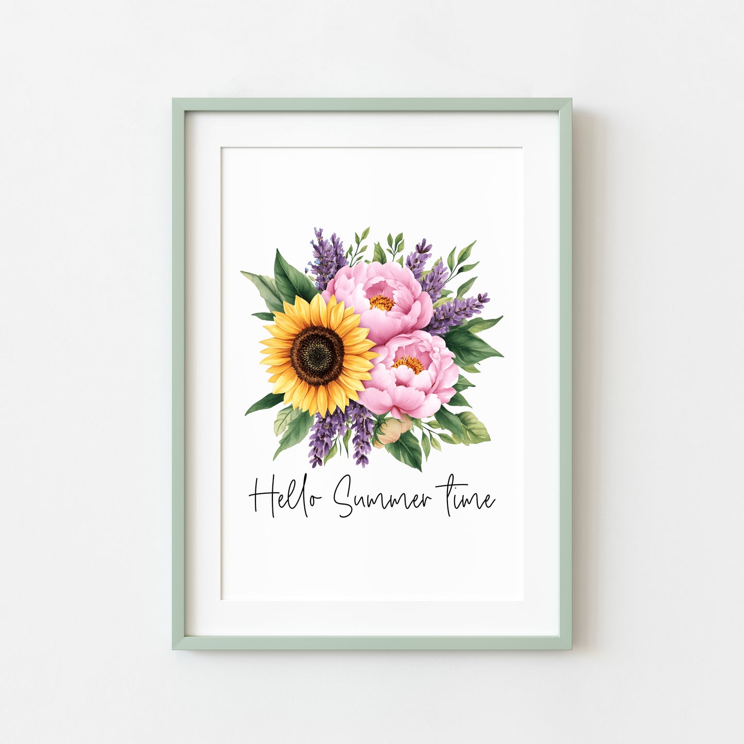 Sunflower Peony Print, Hello Summer Time Watercolour seasonal home Wall Art (unframed)