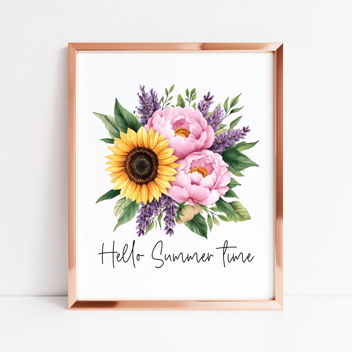 Sunflower Peony Print, Hello Summer Time Watercolour seasonal home Wall Art (unframed)