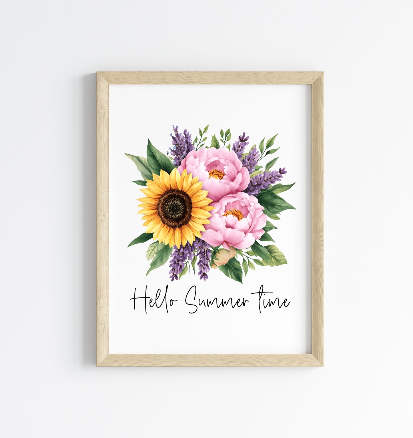 Sunflower Peony Print, Hello Summer Time Watercolour seasonal home Wall Art (unframed)