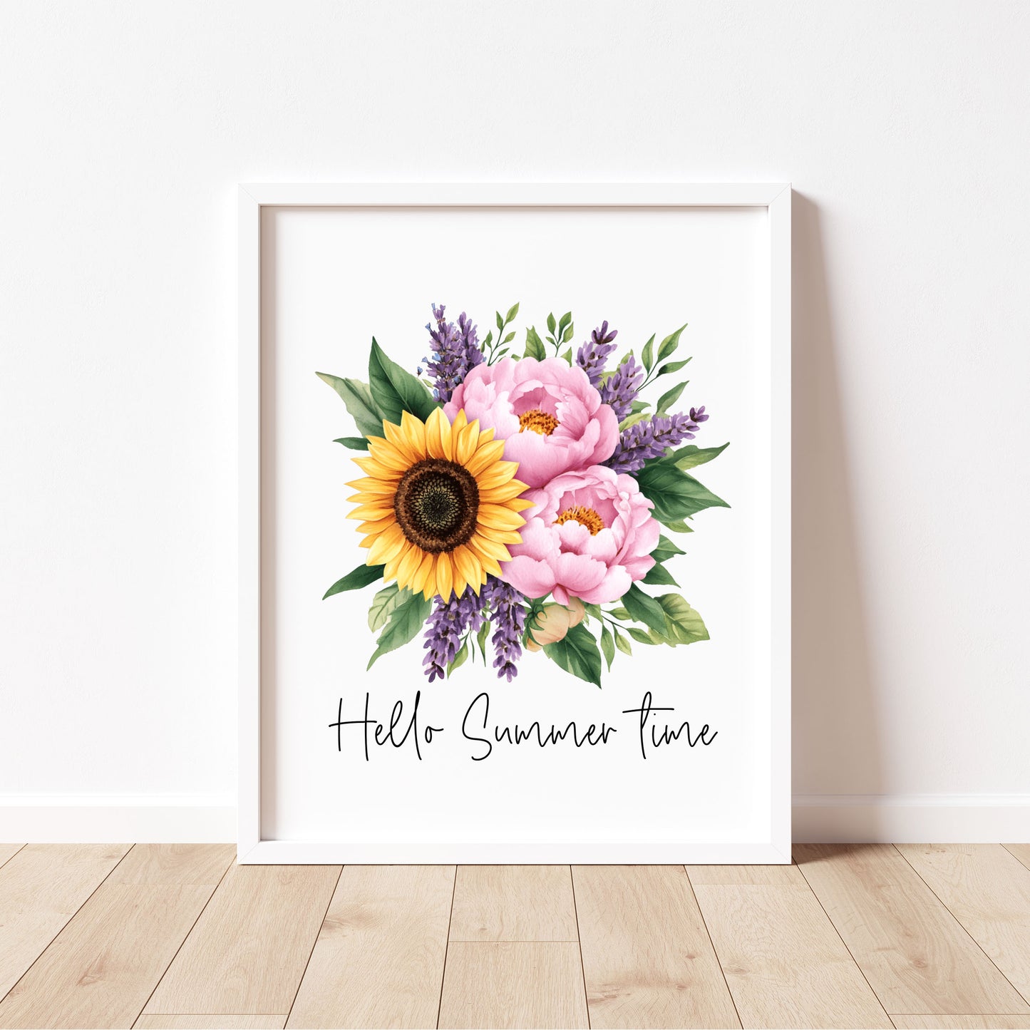 Sunflower Peony Print, Hello Summer Time Watercolour seasonal home Wall Art (unframed)