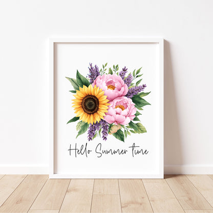 Sunflower Peony Print, Hello Summer Time Watercolour seasonal home Wall Art (unframed)