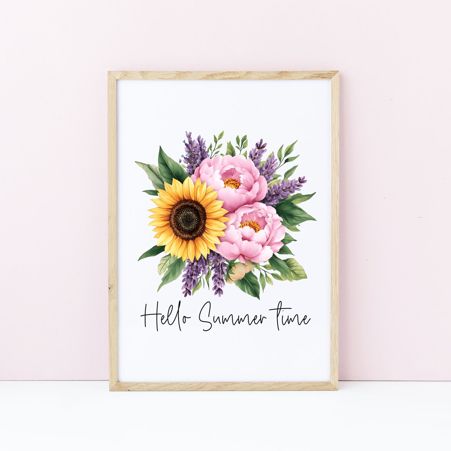 Sunflower Peony Print, Hello Summer Time Watercolour seasonal home Wall Art (unframed)