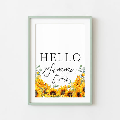 Summer print, Hello Summer sunflowers & eucalyptus watercolour seasonal home bedroom unframed wall art poster print summer accessories prints