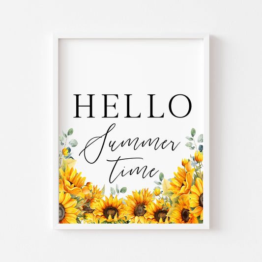 Summer print, Hello Summer sunflowers & eucalyptus watercolour seasonal home bedroom unframed wall art poster print summer accessories prints