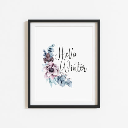 Hello winter seasonal floral bouquet Xmas seasonal unframed wall art poster print