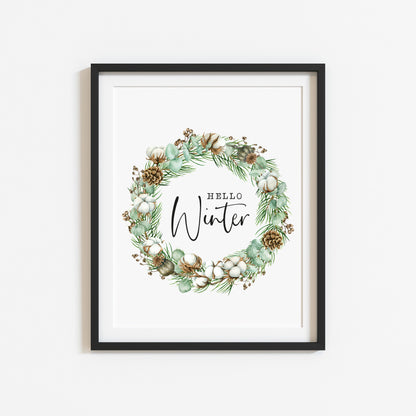 Hello winter green cotton and acorn wreath seasonal unframed wall art poster print