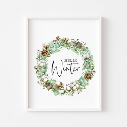 Hello winter green cotton and acorn wreath seasonal unframed wall art poster print