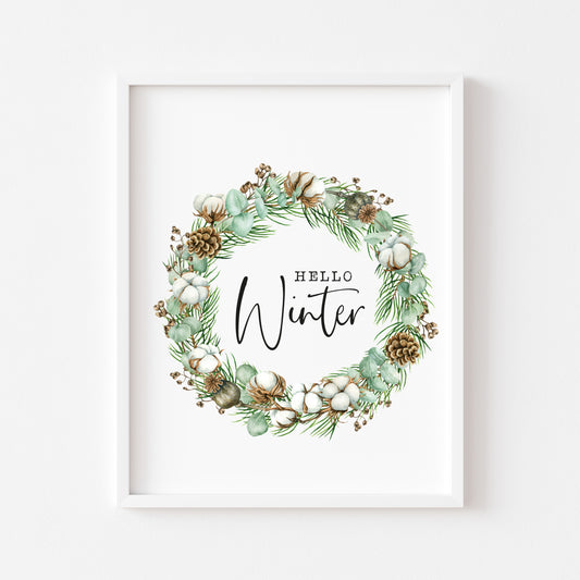 Hello winter green cotton and acorn wreath seasonal unframed wall art poster print