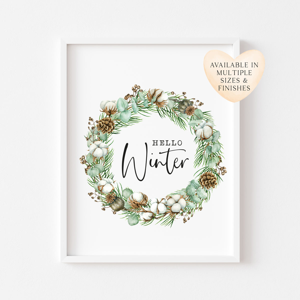 Hello winter green cotton and acorn wreath seasonal unframed wall art poster print