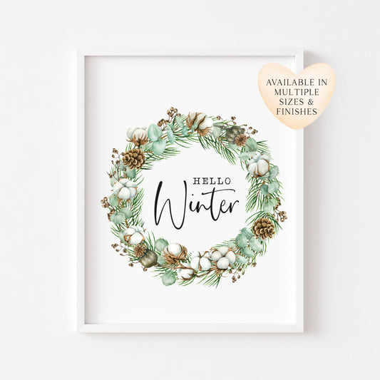 Hello winter green cotton and acorn wreath seasonal unframed wall art poster print