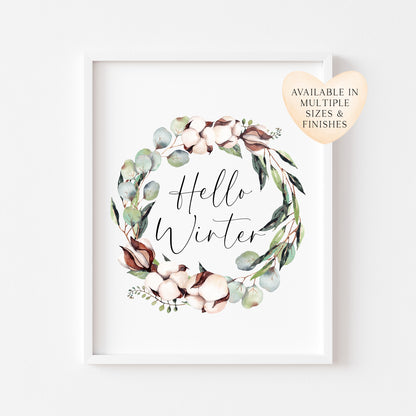 Hello winter Cotton & Eucalyptus wreath watercolour Christmas seasonal Winter unframed wall art poster print