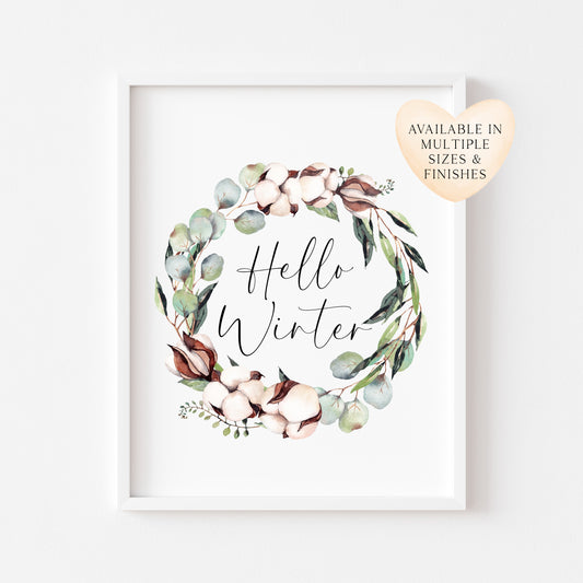 Hello winter Cotton & Eucalyptus wreath watercolour Christmas seasonal Winter unframed wall art poster print