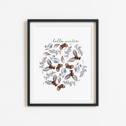 Hello winter floral circle pine cone bouquet seasonal Christmas unframed wall art poster print