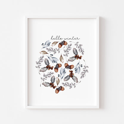 Hello winter floral circle pine cone bouquet seasonal Christmas unframed wall art poster print