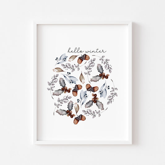 Hello winter floral circle pine cone bouquet seasonal Christmas unframed wall art poster print
