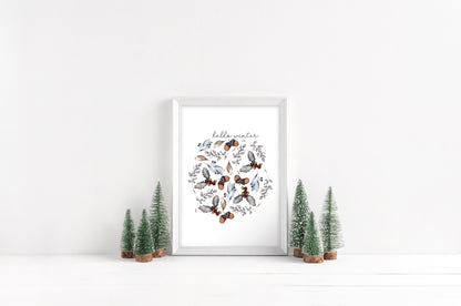 Hello winter floral circle pine cone bouquet seasonal Christmas unframed wall art poster print