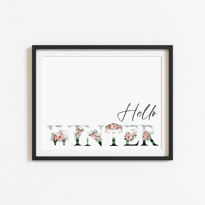 Hello Winter landscape watercolour wreath xmas seasonal unframed wall art poster print