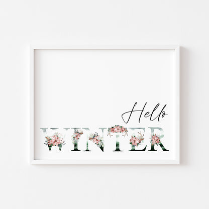 Hello Winter landscape watercolour wreath xmas seasonal unframed wall art poster print