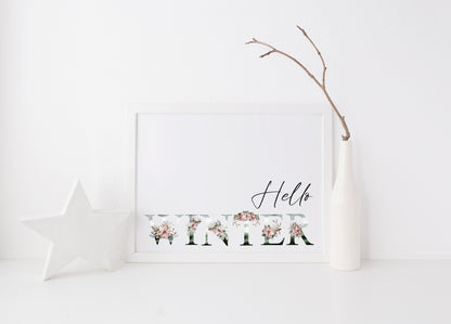 Hello Winter landscape watercolour wreath xmas seasonal unframed wall art poster print