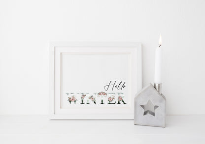 Hello Winter landscape watercolour wreath xmas seasonal unframed wall art poster print
