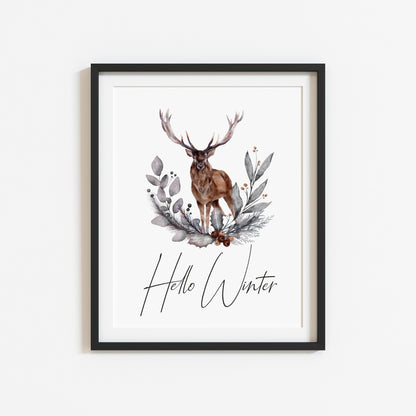 Hello winter Stag floral pine cone wreath bouquet seasonal unframed wall art poster print