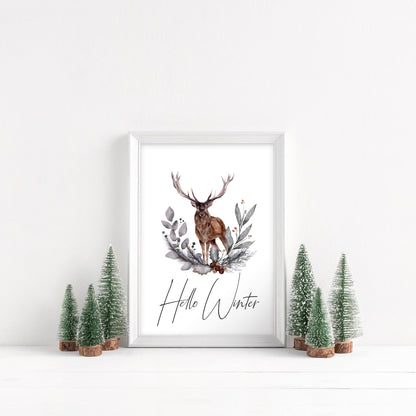 Hello winter Stag floral pine cone wreath bouquet seasonal unframed wall art poster print