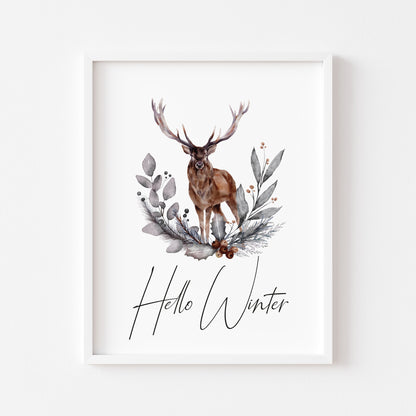Hello winter Stag floral pine cone wreath bouquet seasonal unframed wall art poster print
